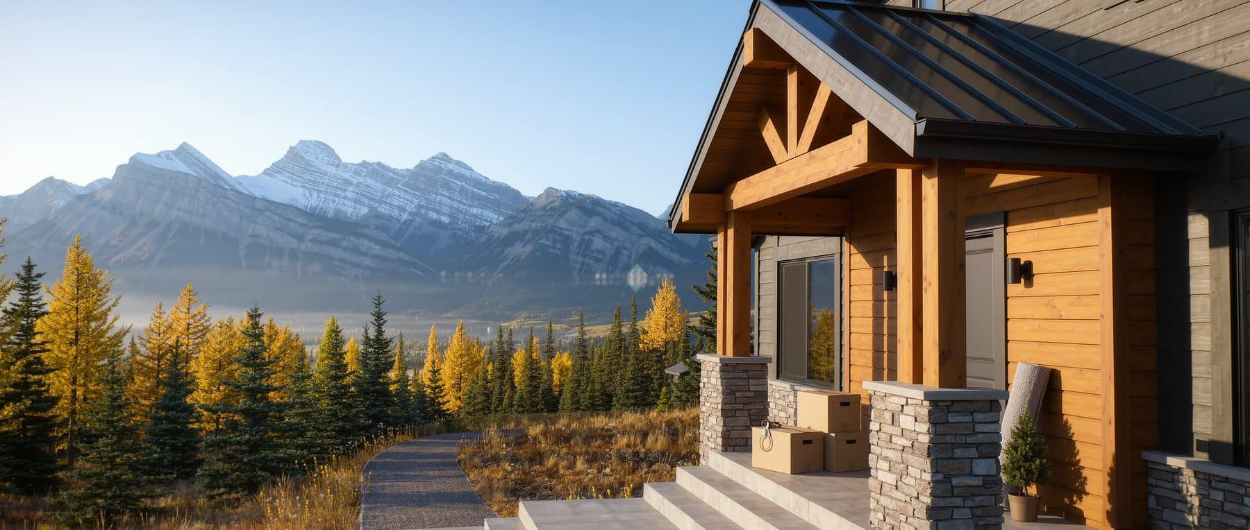 FHSA withdrawal rules in practice: keys and moving boxes on the step of a newly finished Canmore townhouse on an autumn morning