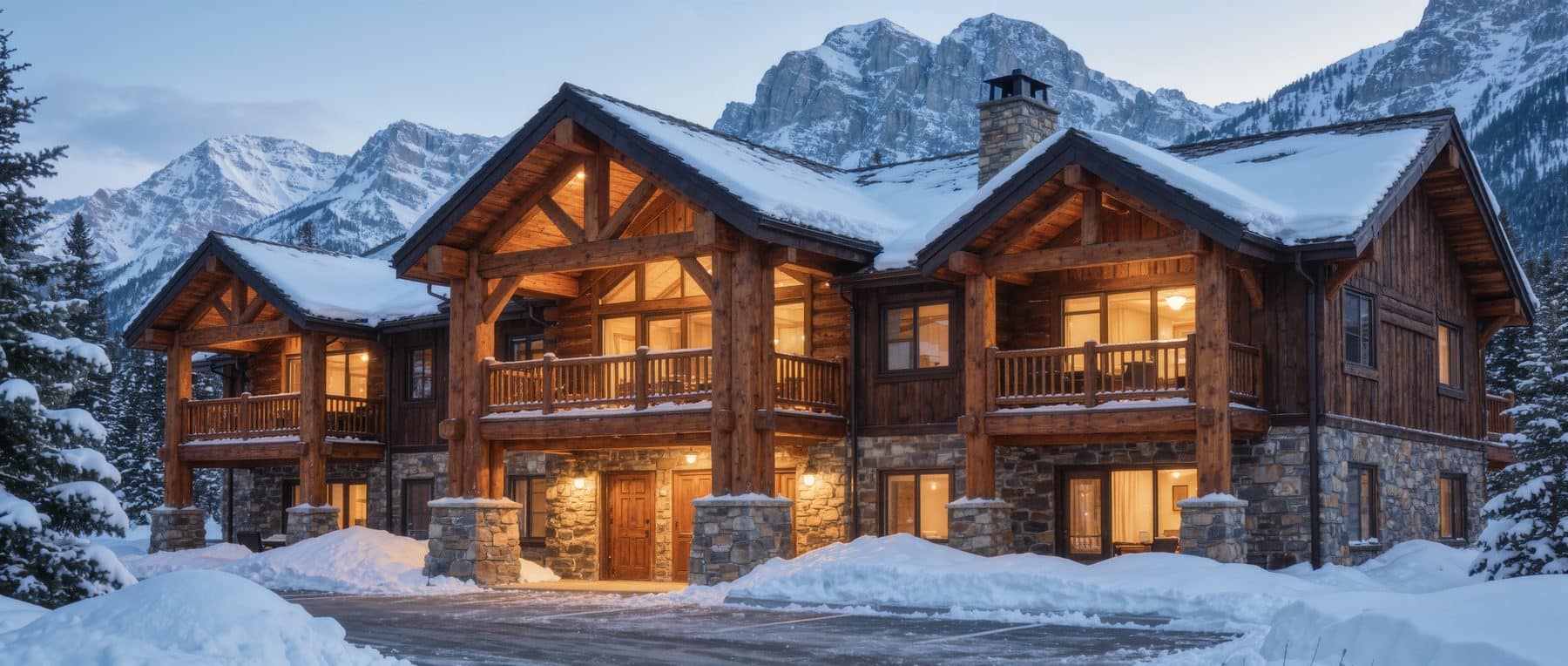 Fire Mountain Lodge Canmore: a two-storey lodge condominium with covered balconies under fresh snow in the Bow Valley