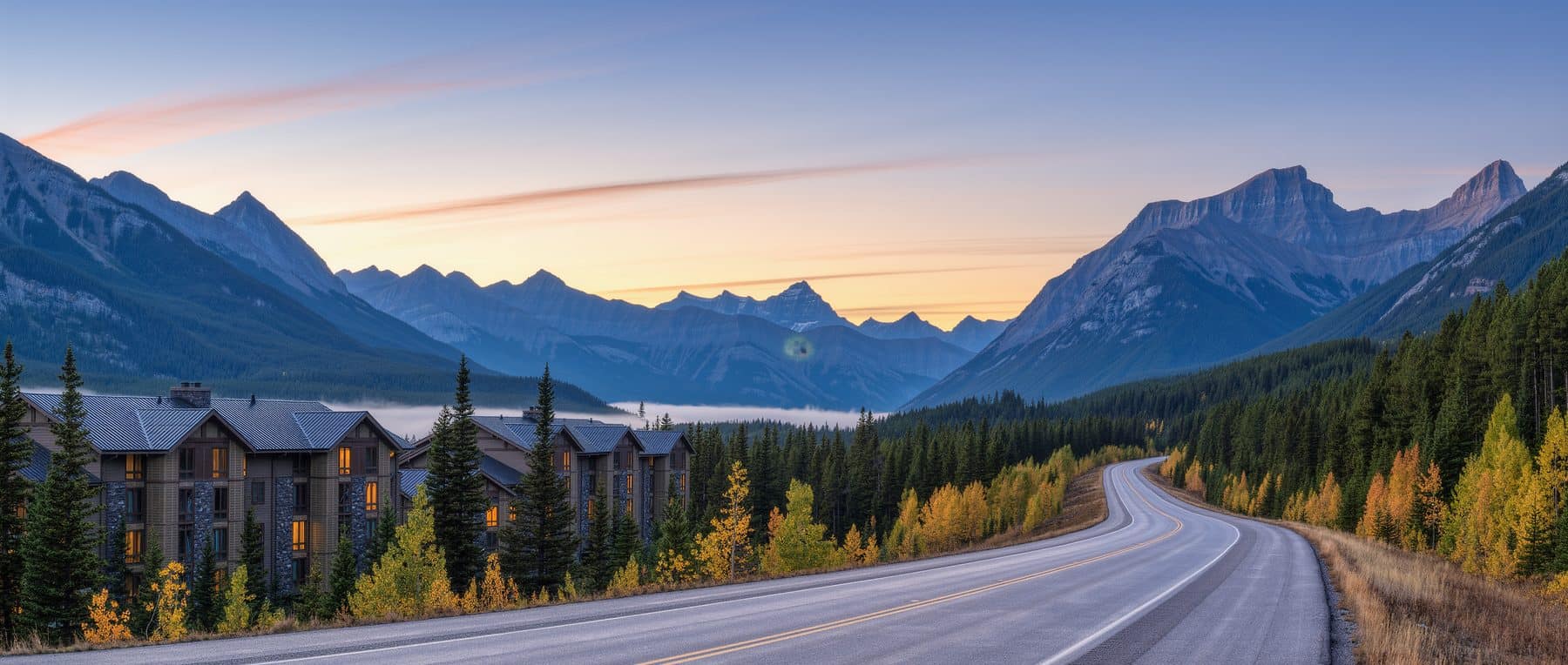 The view a first time home buyer in Calgary gets an hour west: the Trans-Canada opening into the Bow Valley on an autumn morning