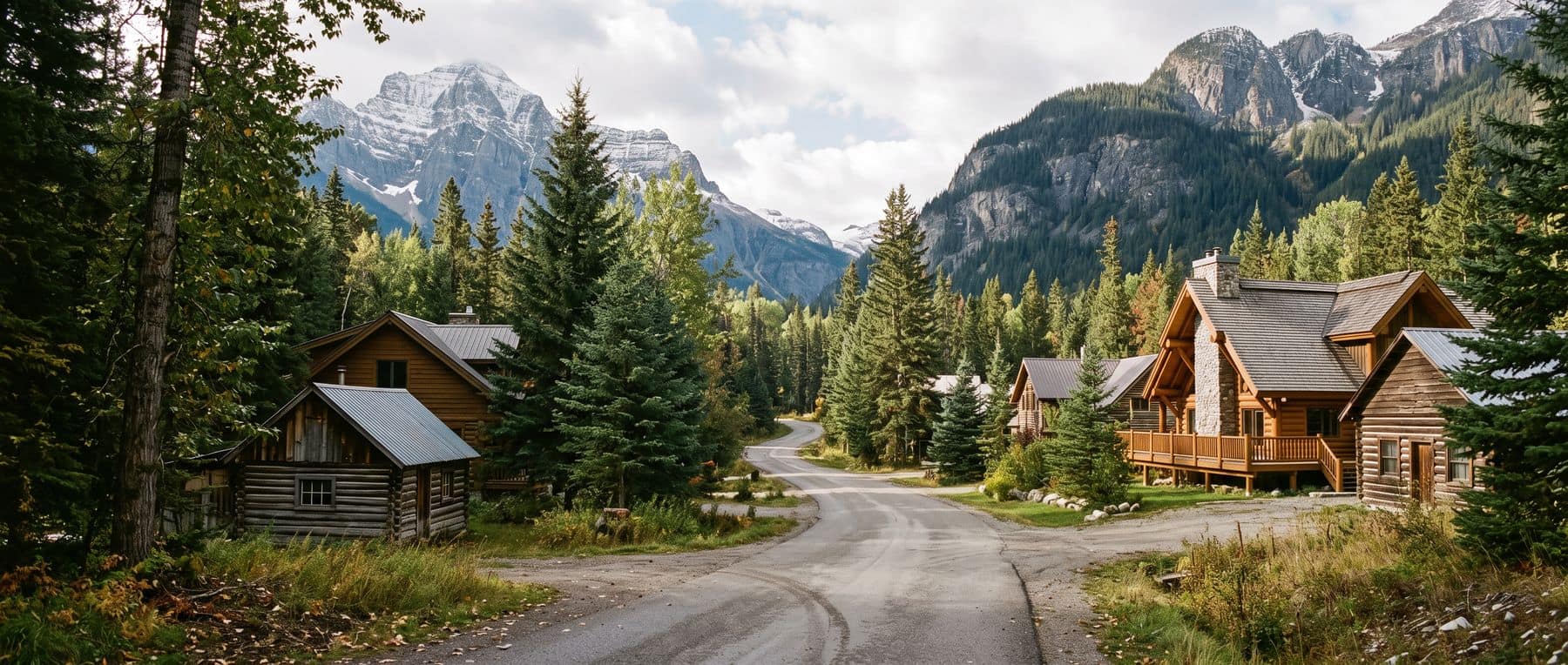 Harvie Heights real estate: original cabins beside rebuilt timber homes on treed lots near the park gate