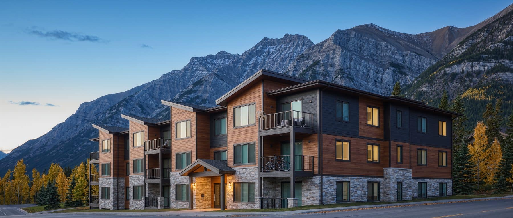 HBP repayment in practice: a first-home condominium building on a Canmore street below the Three Sisters in autumn light