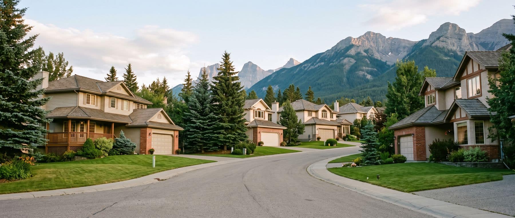 Homesteads Canmore homes: 1990s detached houses on generous hillside lots with mature spruce