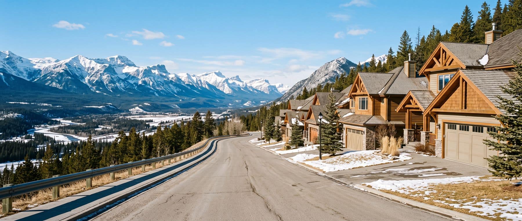 Hospital Hill Canmore homes on the elevated bench, looking across the Bow Valley to the range beyond
