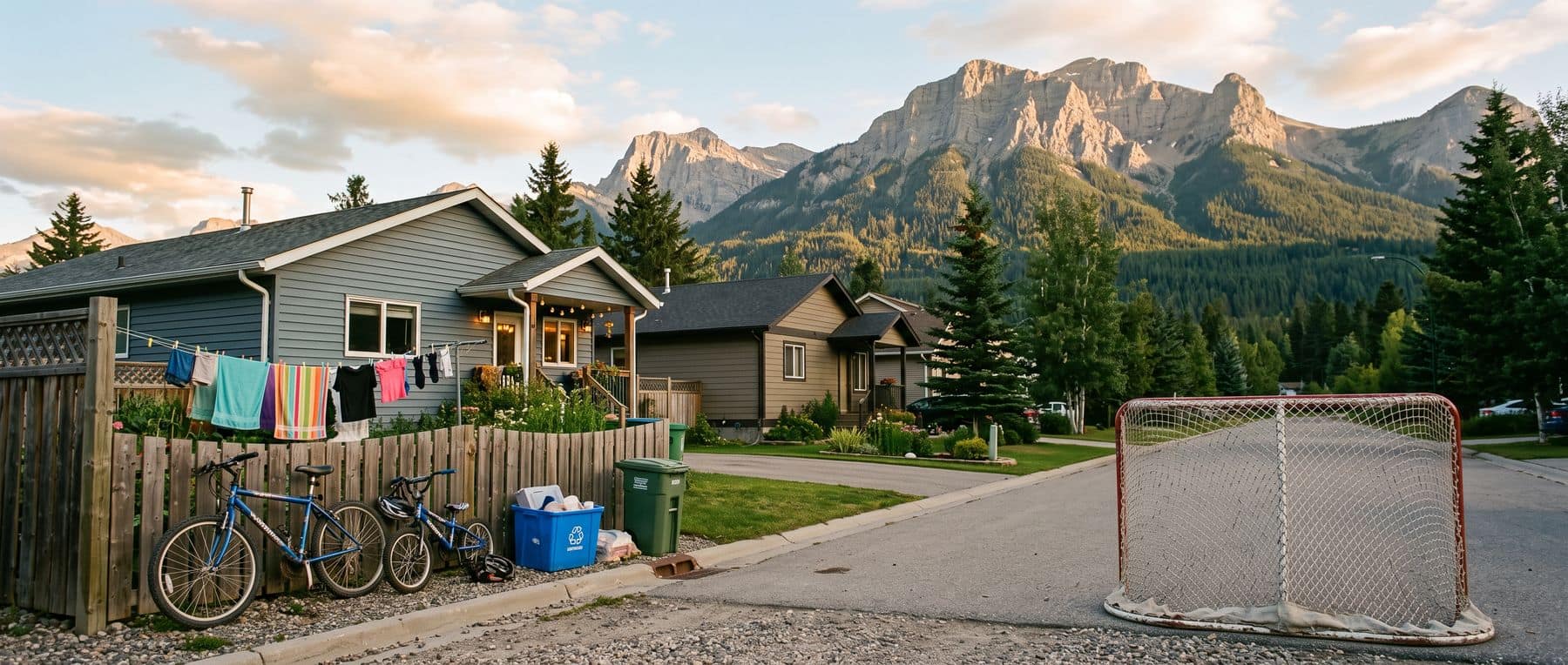 Is Canmore a good place to live: an ordinary residential street with a hockey net and bikes under the mountains