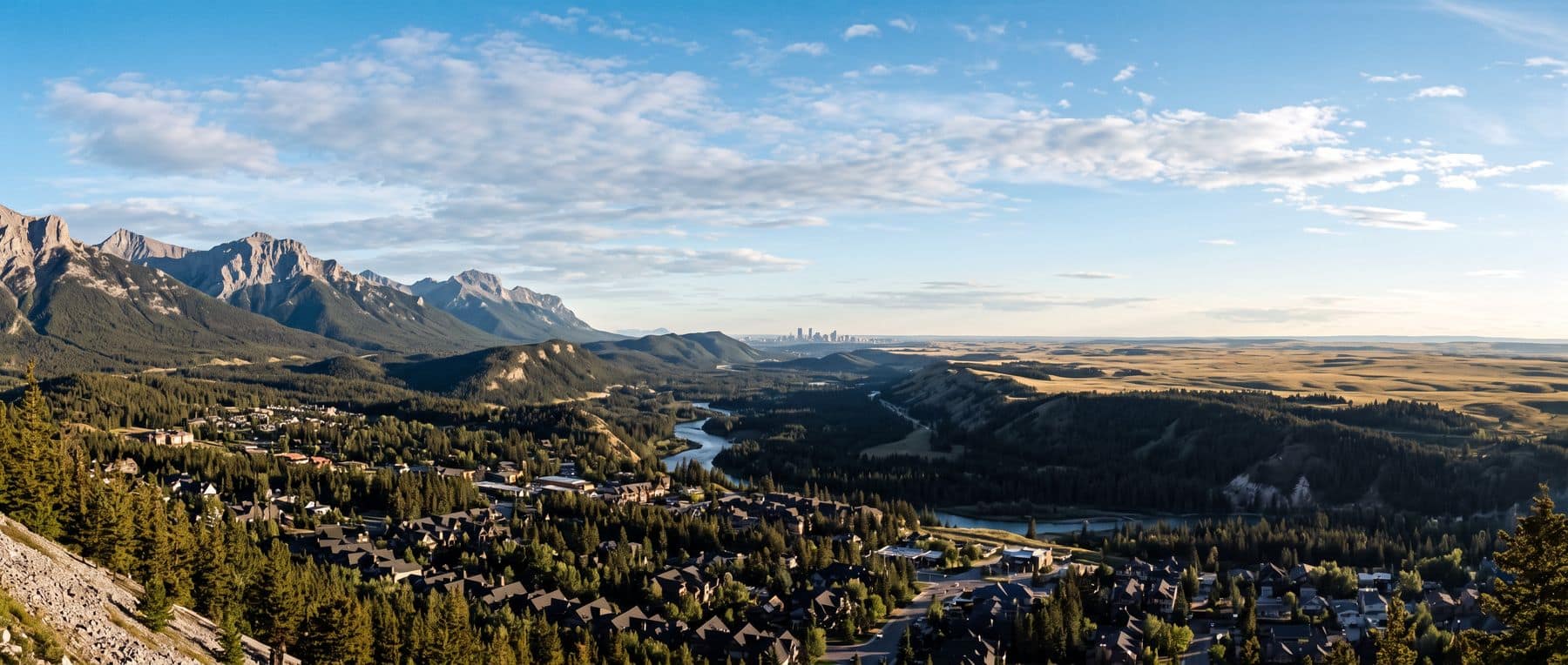 Is Canmore cheaper than Calgary: mountain-town rooftops in front, the prairie city on the horizon