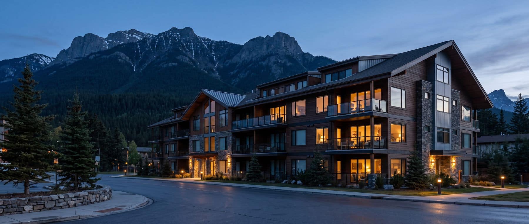 Is Canmore real estate a good investment: a condominium at dusk with some units lit and some dark