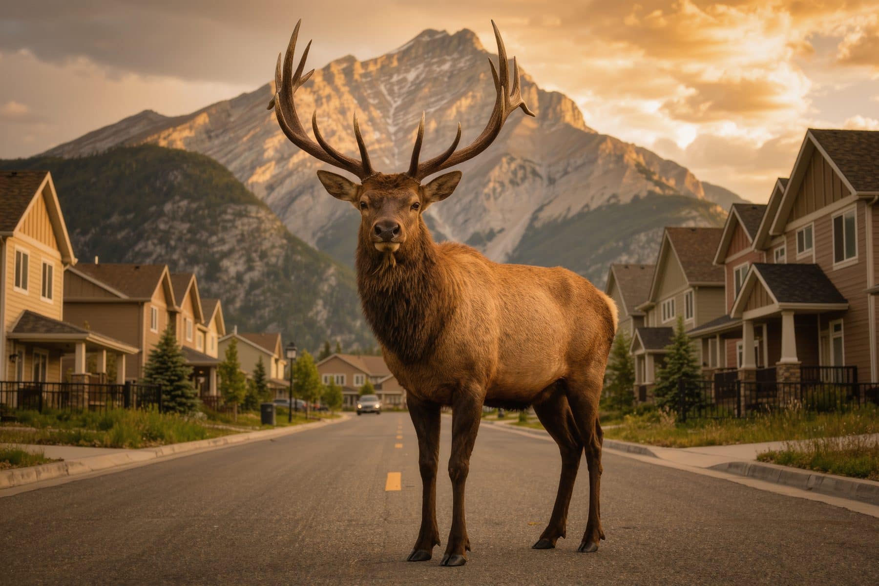 Is Canmore safe: an elk on a residential street, the most common wildlife encounter in town