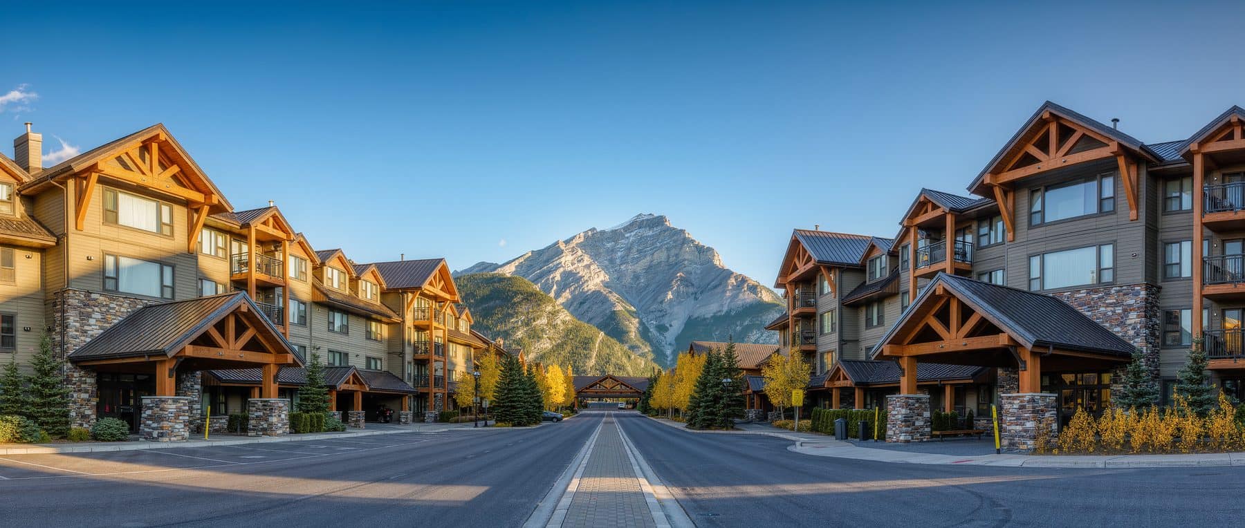 Kananaskis Way Canmore: lodge-style condo hotel buildings lining the street below the Rockies