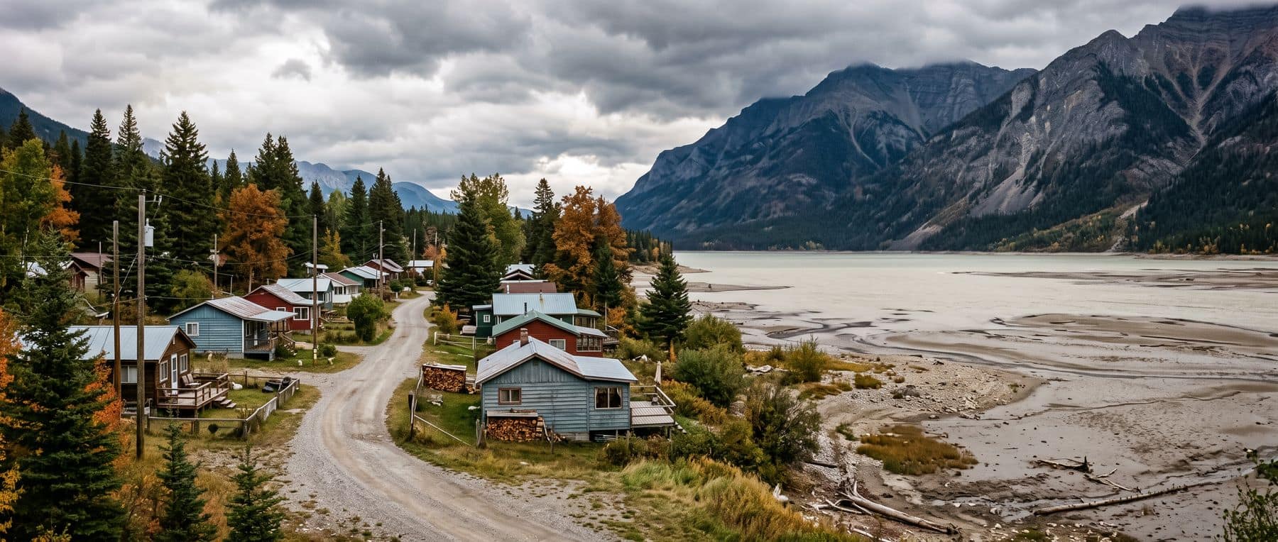 Lac des Arcs real estate: 1960s cottages and bungalows beside the reservoir east of Canmore