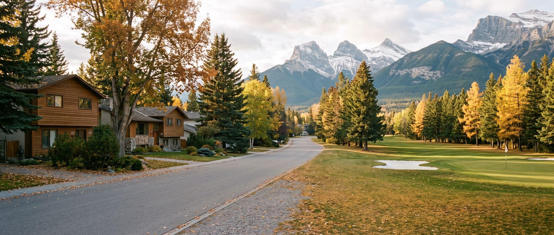 Larch Canmore homes backing onto the golf course, original 1970s and 1980s houses among mature trees