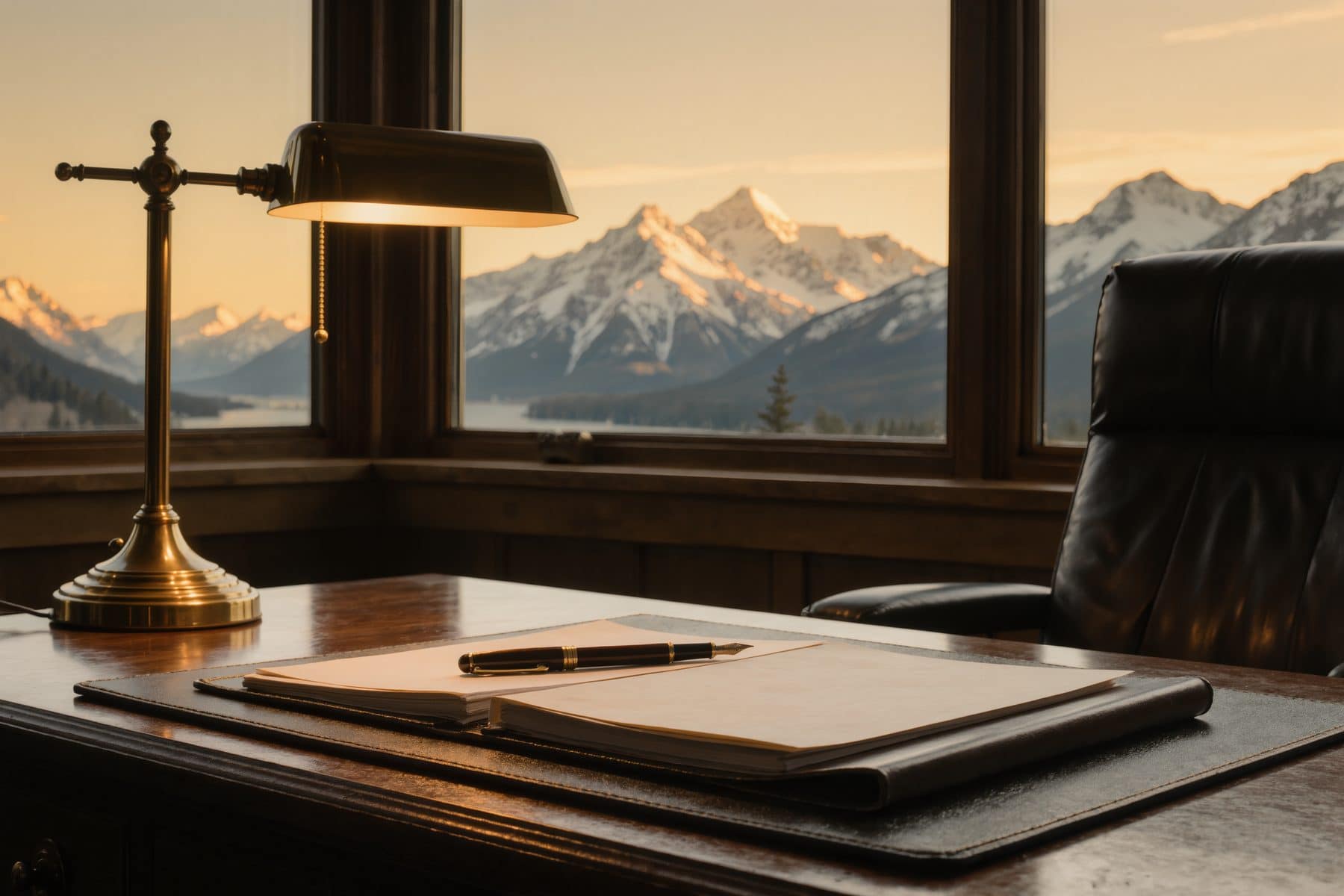 A real estate lawyer's office with a view of the mountains, where lawyer fees for selling a house in Alberta are set