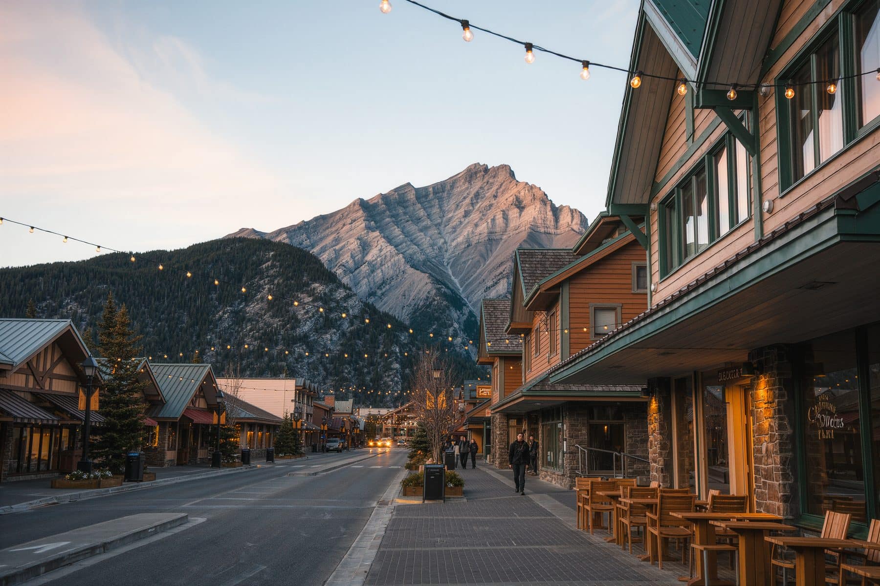 Living in Canmore: the main street at dusk with the Three Sisters at the end of it