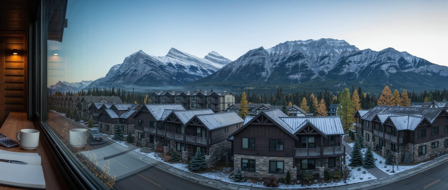Working out the minimum down payment in Alberta at a window desk above a snow-dusted Canmore street, with the Three Sisters behind
