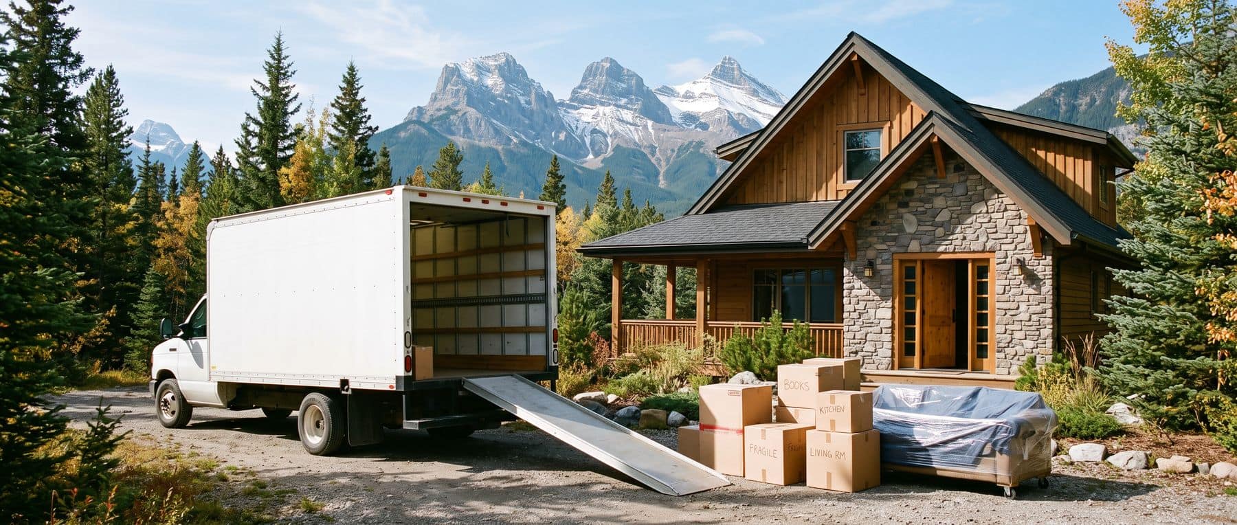 Moving to Canmore: a removal truck unloading on the driveway of a timber-and-stone mountain home