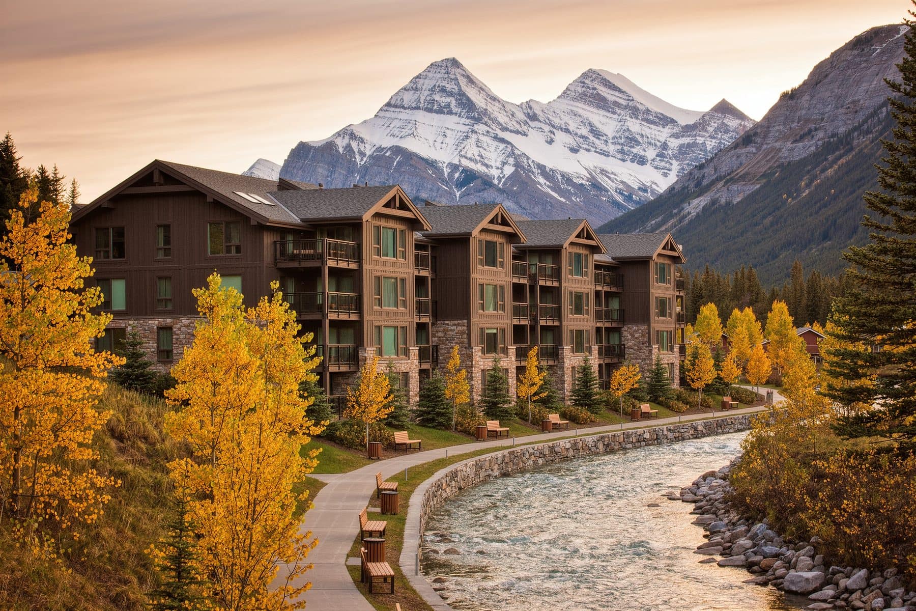 Origin at Spring Creek, the seniors residence beside the creek in Canmore, with the peaks behind