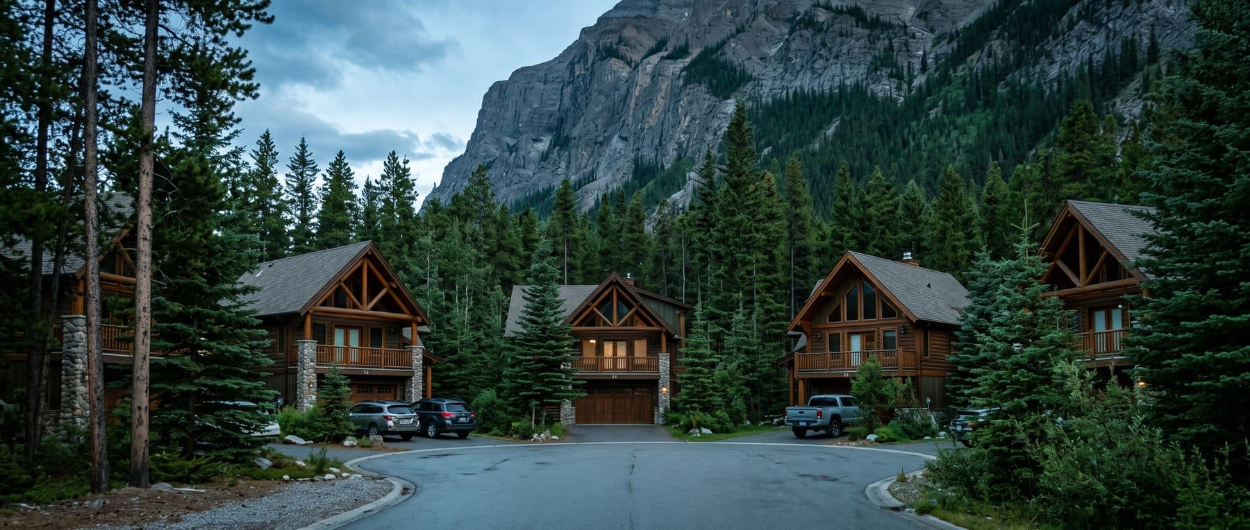 Peaks of Grassi Canmore homes set among lodgepole pine against the steep shaded mountain wall
