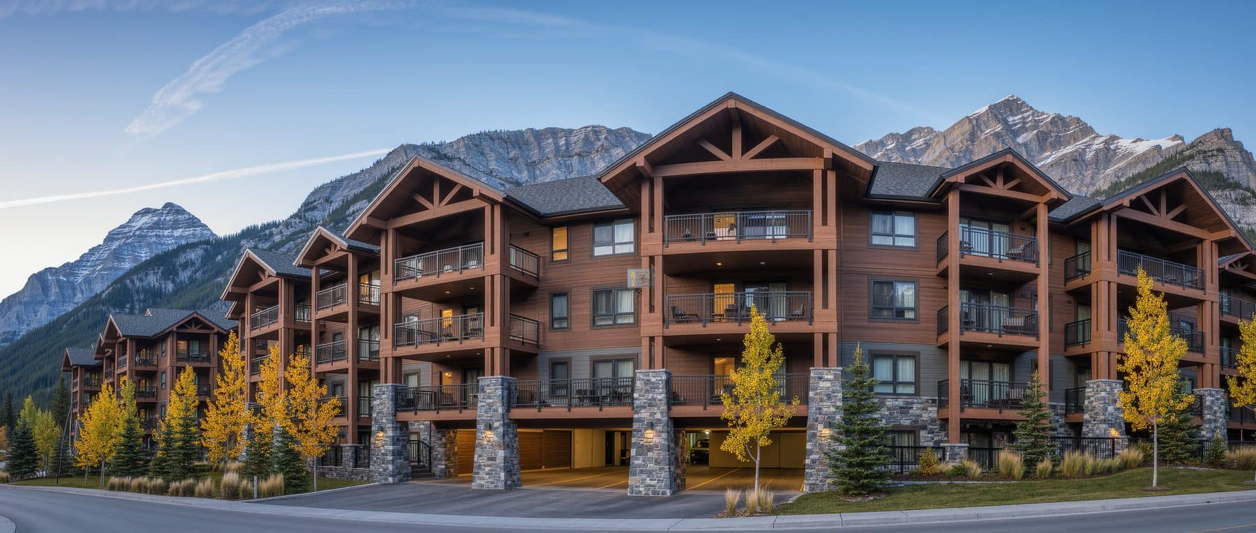 Platinum Suites Canmore: the condominium building on Three Sisters Drive with the Three Sisters peaks behind it