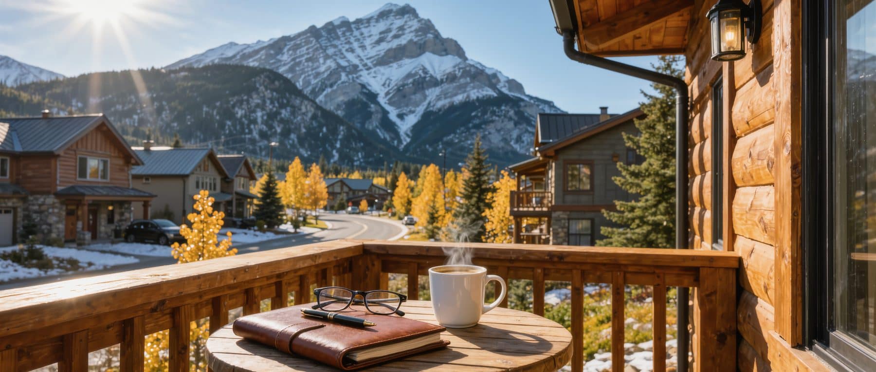 The principal residence exemption Canada question in one frame: a mountain second home deck above a Bow Valley street on a cold autumn morning