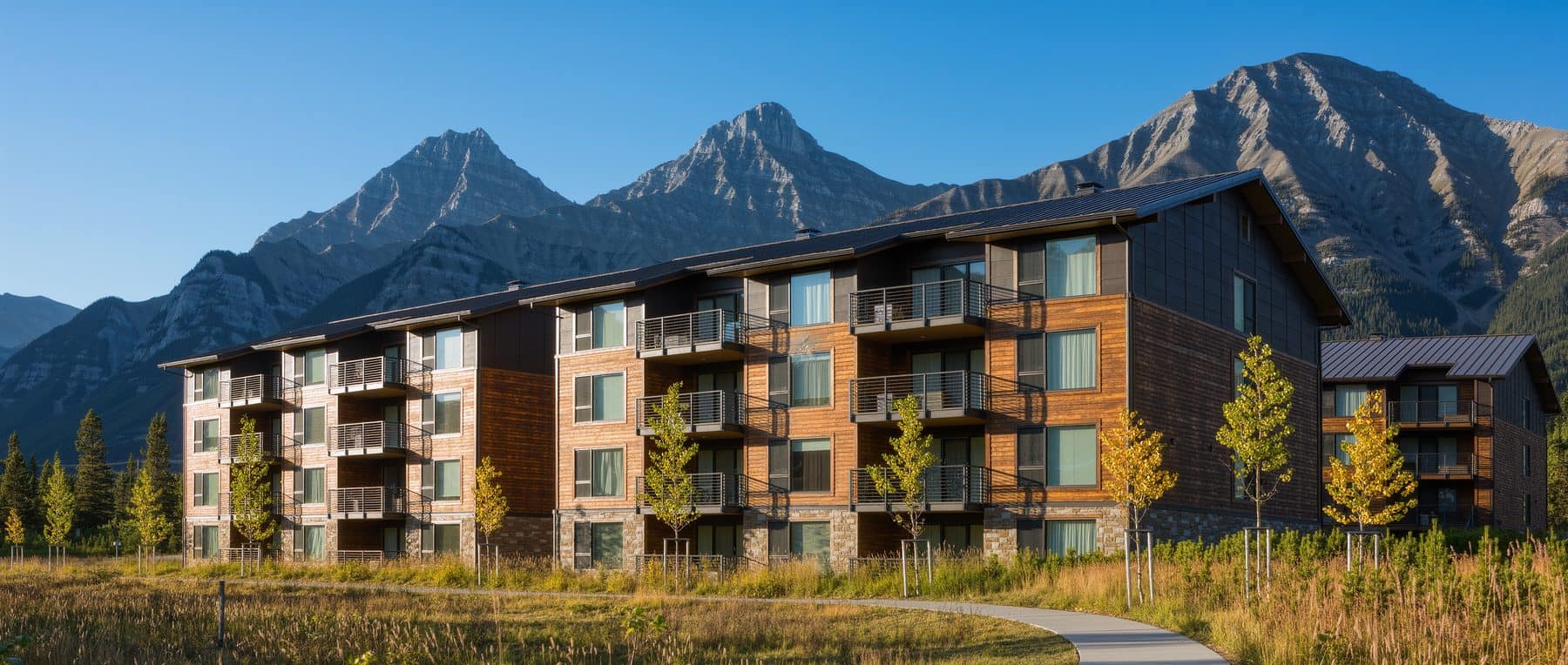 Renaissance Canmore under construction at 101 Stewart Creek Rise, with the Three Sisters peaks behind