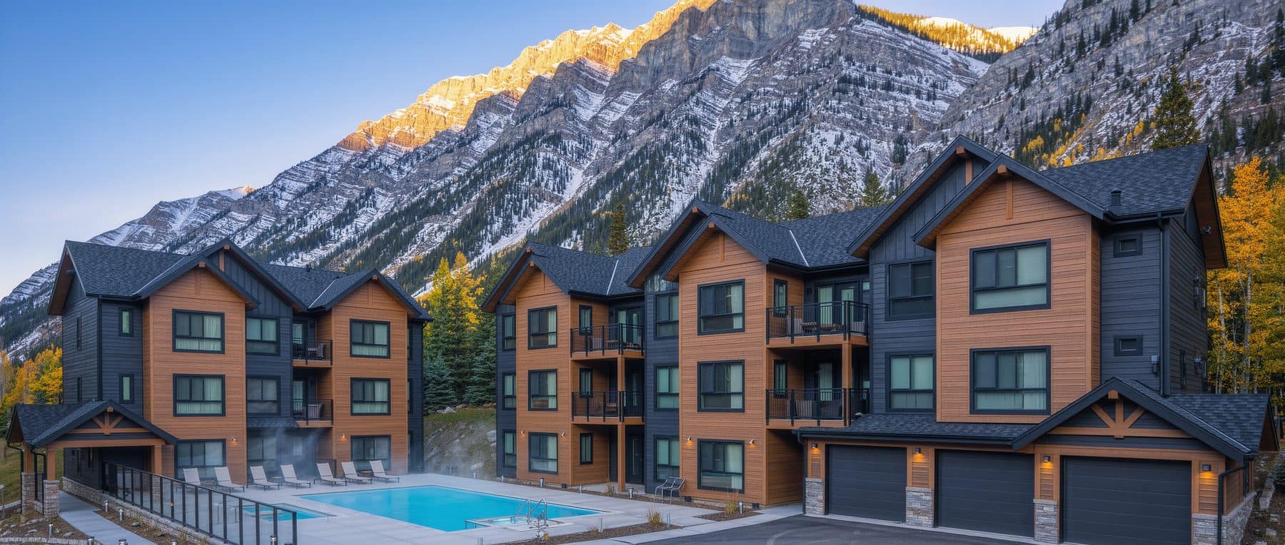 Skyline Peaks Canmore: modern townhomes on Kananaskis Way with a heated outdoor pool below the Bow Valley peaks