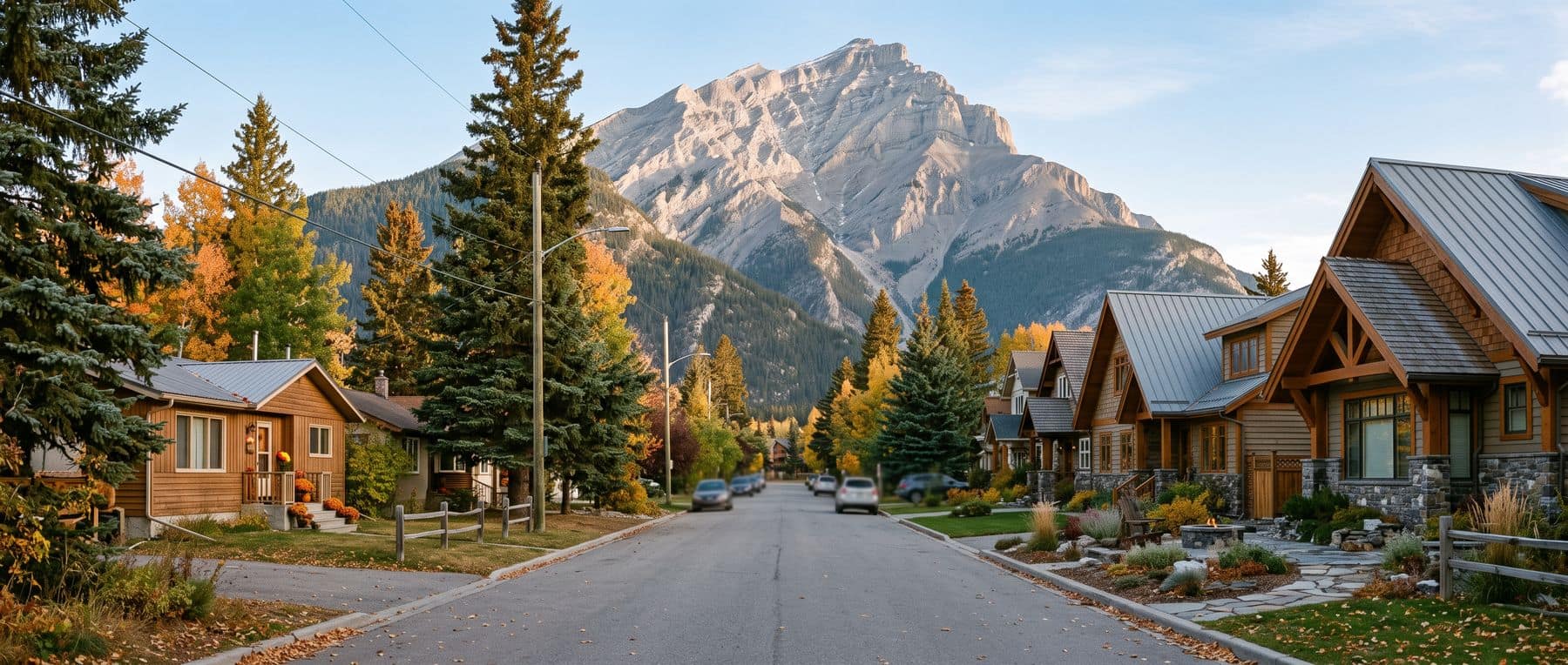 South Canmore homes for sale on the original town grid: small original cottages beside rebuilt timber-and-stone houses under Rundle