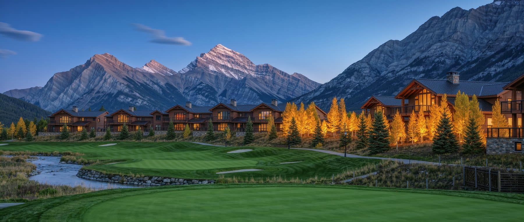 Stewart Creek Canmore in autumn light: mountain homes on the bench above a golf fairway beneath the Three Sisters peaks