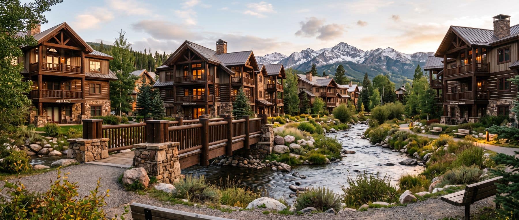 The Tamarack, Canmore: lodge-style condo buildings on the Spring Creek plaza