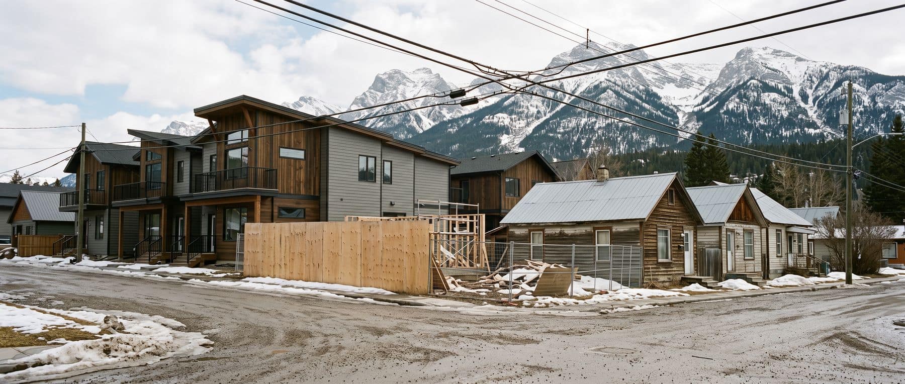 Teepee Town Canmore: small original cottages beside tall new infill duplexes on the same block