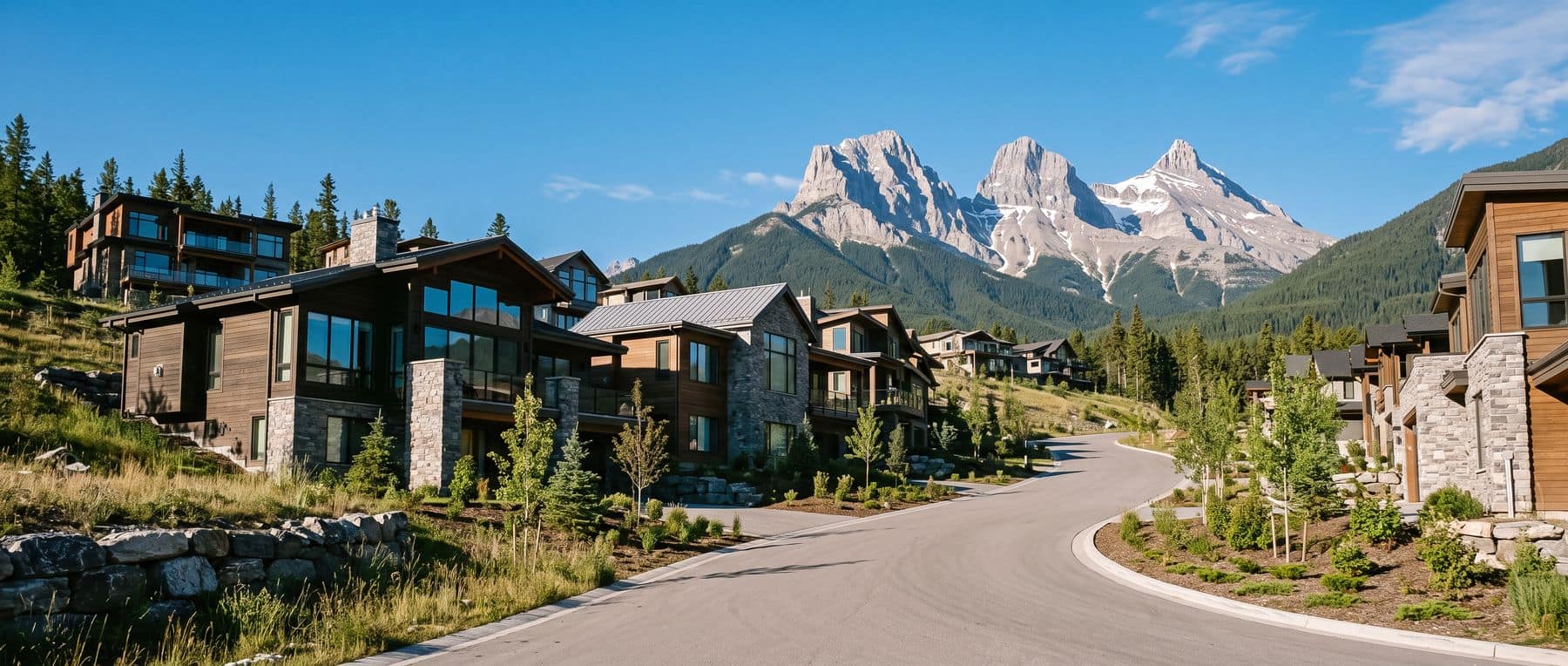 Three Sisters Canmore real estate: modern mountain homes on the benched hillside below the Three Sisters peaks
