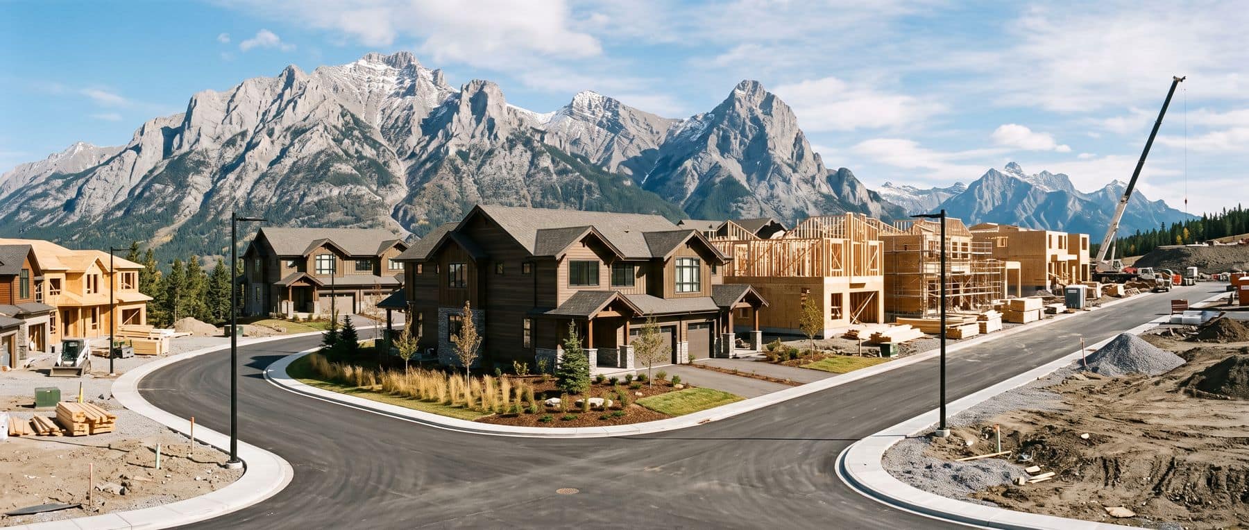 Three Sisters Mountain Village: new homes under construction on the bench below the peaks