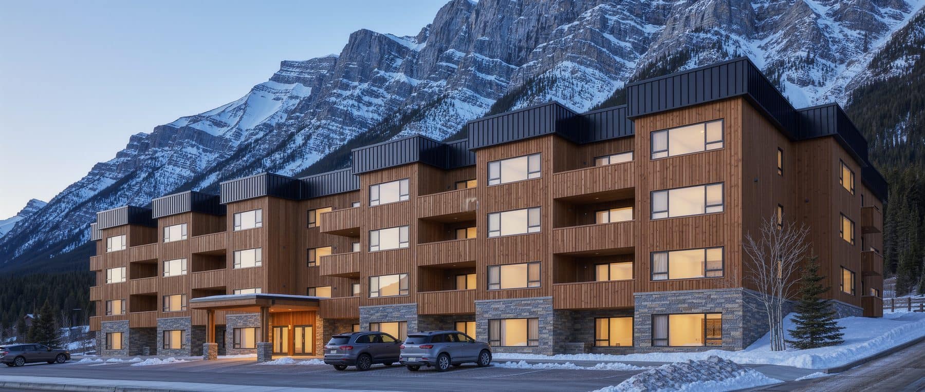 Timber Peaks Canmore under winter light: a new four-storey timber-clad condominium building on the Bow Valley Trail corridor beneath the Rockies
