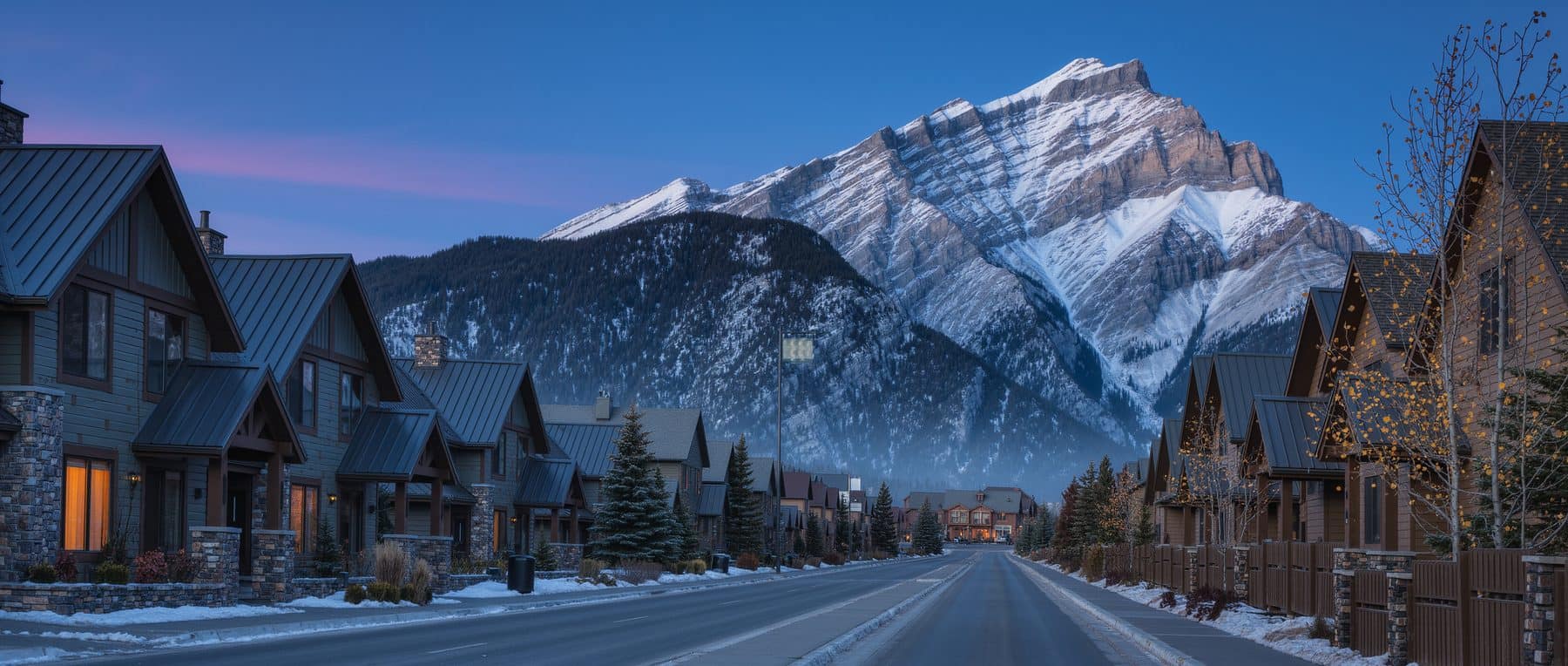 A street of Canmore second homes at dusk, the kind of property the underused housing tax was written for