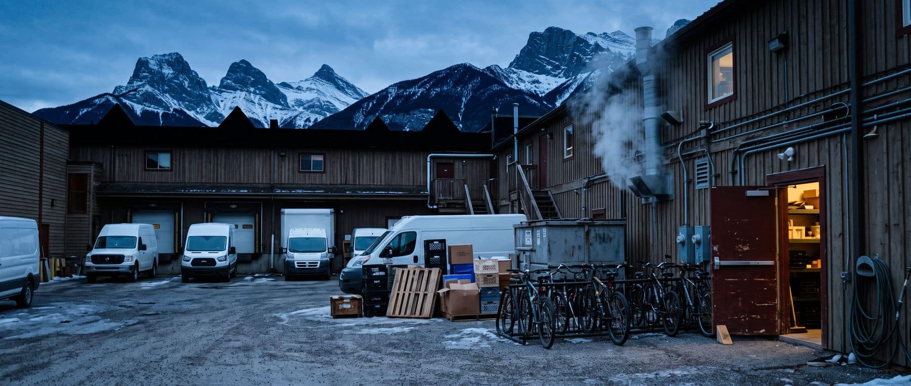 Working in Canmore: the service yard behind the main street at dawn, the working side of a resort town